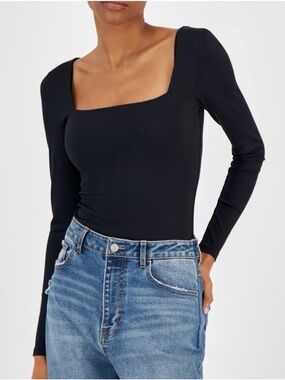 Square Neck Long Sleeve Ribbed Top - Black
